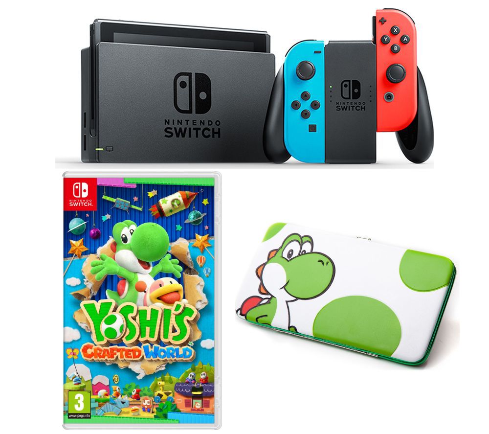 NINTENDO Switch Neon Red & Blue, Yoshi's Crafted World & Yoshi Printed Hinge Wallet Bundle, Neon