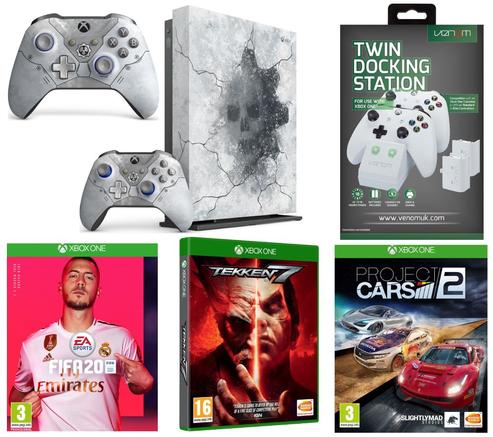 MICROSOFT Limited Edition Gears 5 Xbox One X, FIFA 20, Tekken 7, Project Cars 2, Kait Diaz Wireless Controllers & Docking Station Bundle, Crimson