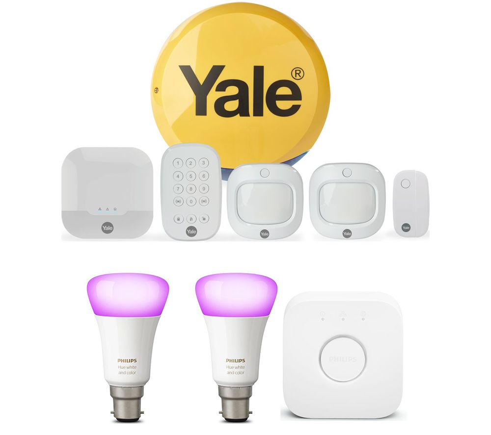 YALE Sync IA-320 Smart Home Alarm Family Kit & Hue B22 White & Colour Ambience Smart Lighting Starter Kit with Bridge, White