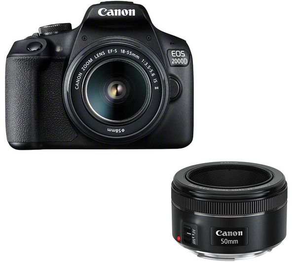 CANON EOS 2000D DSLR Camera, EF-S 18-55 mm f/3.5-5.6 IS II & EF 50 mm f/1.8 STM Standard Prime Lens Bundle