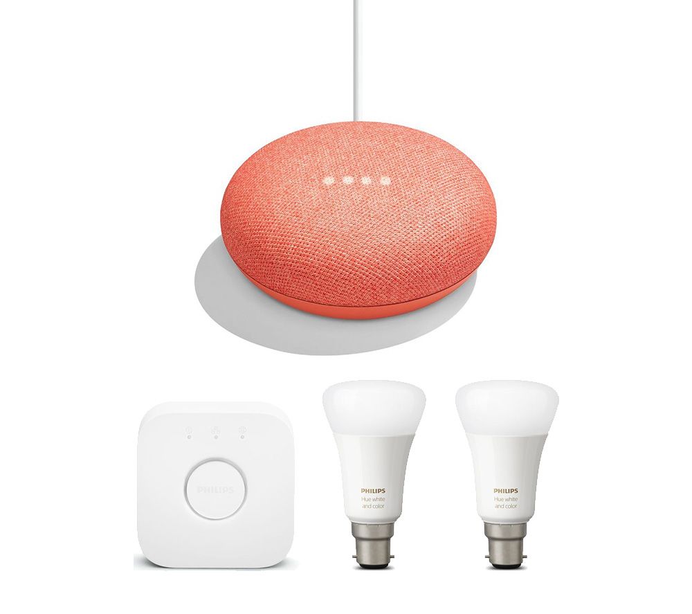 PHILIPS Hue White and Colour Mini Smart Bulb B22 Starter Kit with Google Home Mini Coral Bundle, White