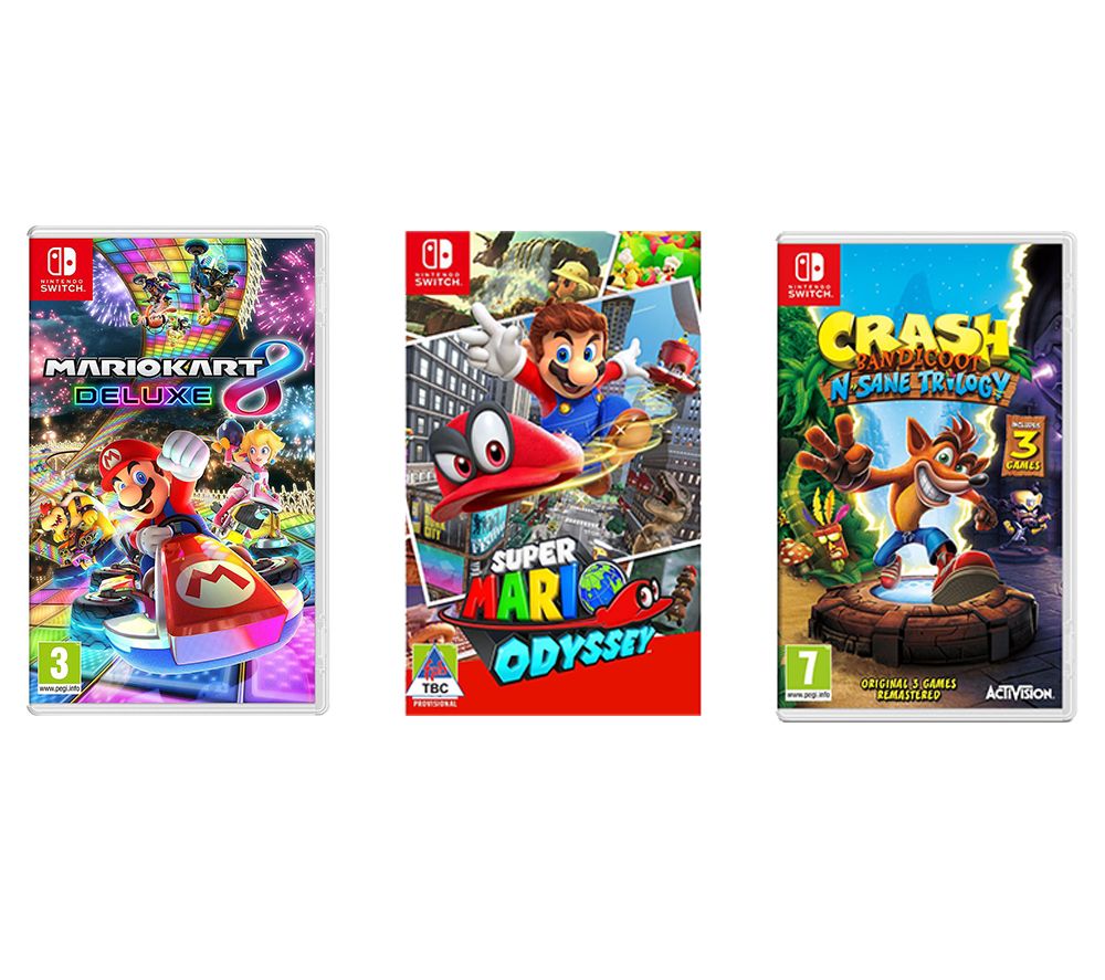 NINTENDO SWITCH Mario Kart 8 Deluxe, Crash Bandicoot N-Sane Trilogy & Super Mario Odyssey Bundle