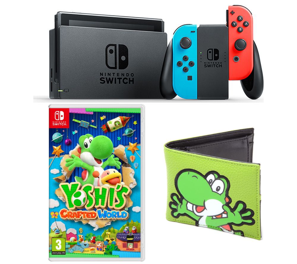 NINTENDO Switch Neon Red & Blue, Yoshi's Crafted World & Yoshi PVC Patch Bifold Wallet Bundle, Neon