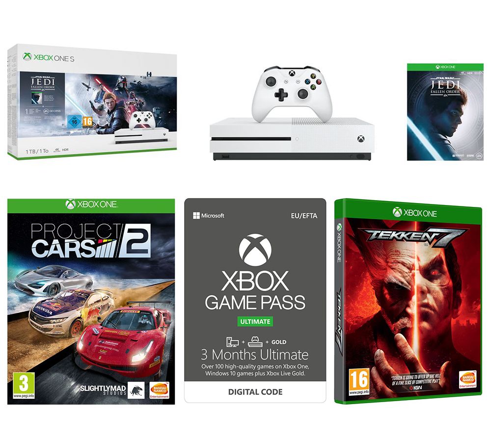 MICROSOFT Xbox One S, Star Wars Jedi: Fallen Order Deluxe Edition, Tekken 7, Projects Cars 2 & Xbox One Game Pass Ultimate Bundle, Gold