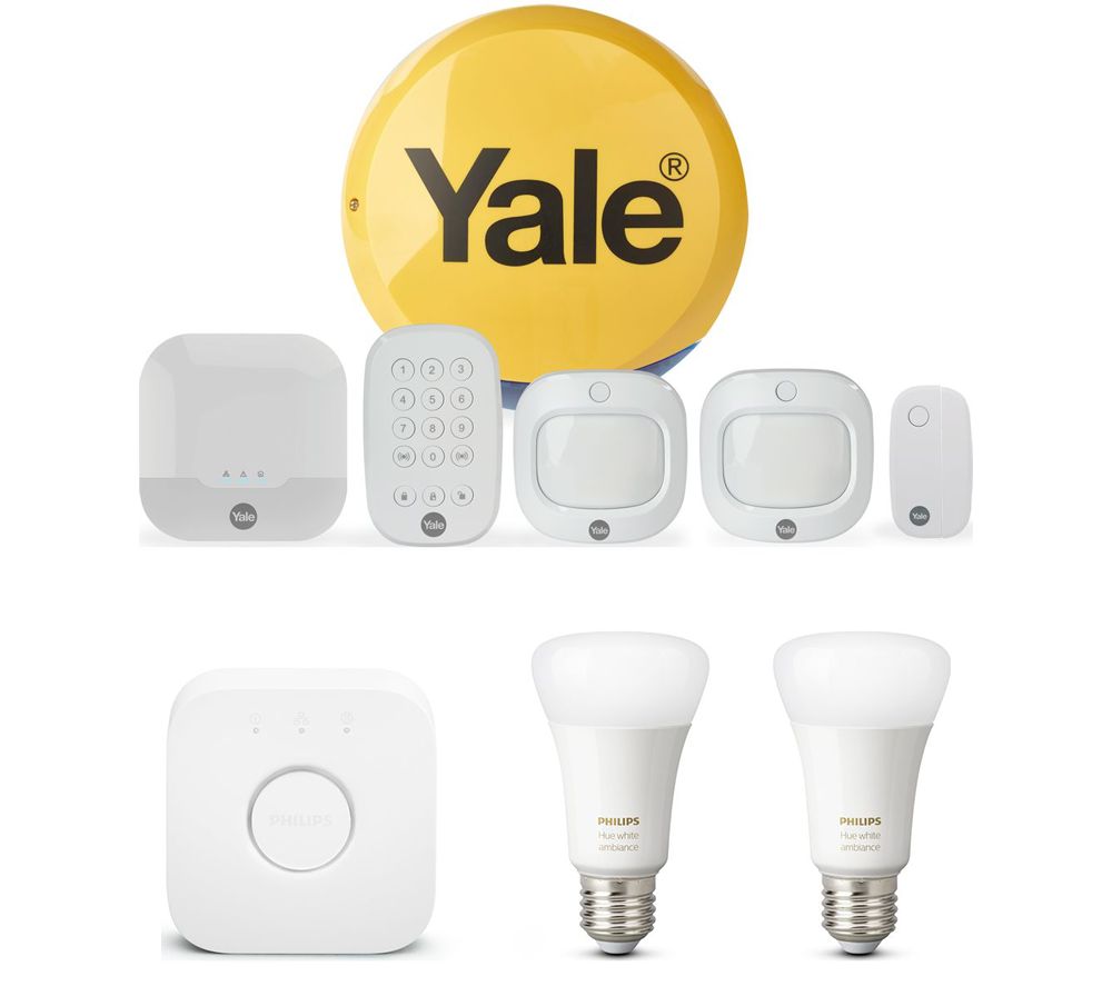 YALE Sync IA-320 Smart Home Alarm Family Kit & Hue E27 White & Colour Ambience Smart Lighting Starter Kit with Bridge, White