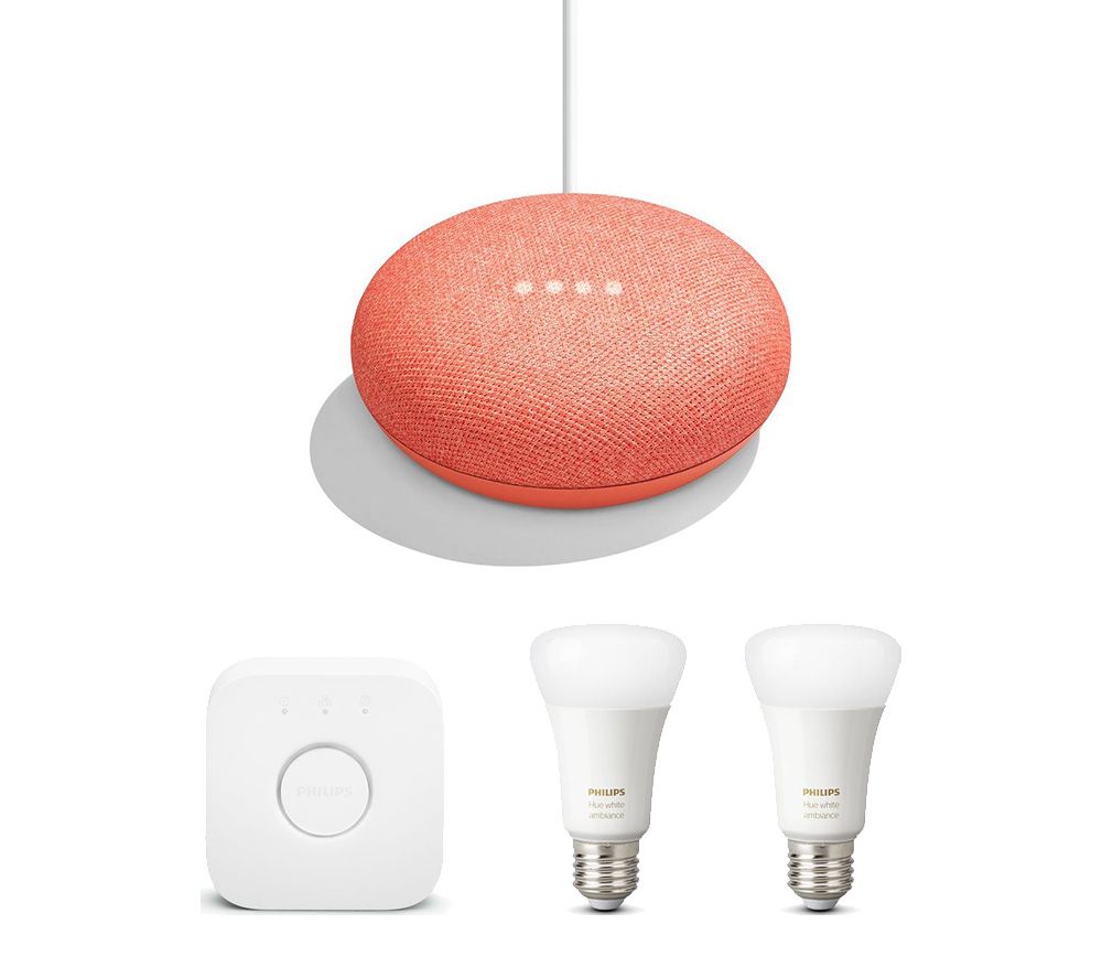 PHILIPS Hue White and Colour Mini Smart Bulb E27 Starter Kit with Google Home Mini Coral Bundle, White