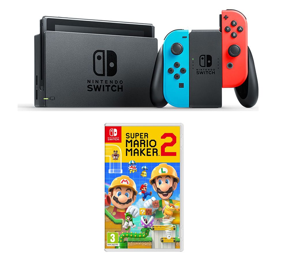 NINTENDO Switch Neon Red & Super Mario Maker 2 Bundle, Neon