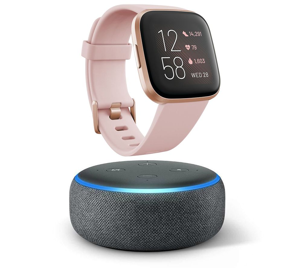 FITBIT Versa 2 with Amazon Alexa & Amazon Echo Dot (2018) Charcoal Bundle - Petal & Copper Rose, Charcoal