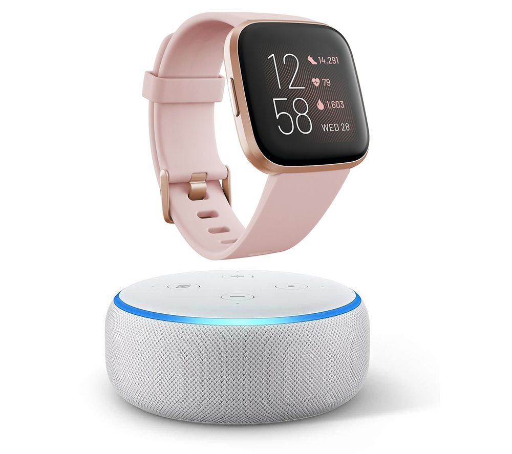 FITBIT Versa 2 with Amazon Alexa & Amazon Echo Dot (2018) Sandstone Bundle - Petal & Copper Rose