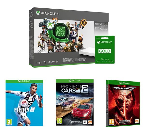 MICROSOFT Xbox One X, Game Pass, LIVE Gold Membership x 2, Tekken 7, FIFA 19 & Project Cars 2 Bundle, Gold
