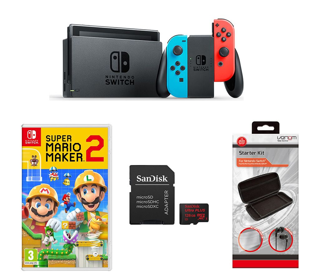 NINTENDO Switch Neon Red, Super Mario Maker 2, 128 GB Memory Card & Starter Kit Bundle, Neon