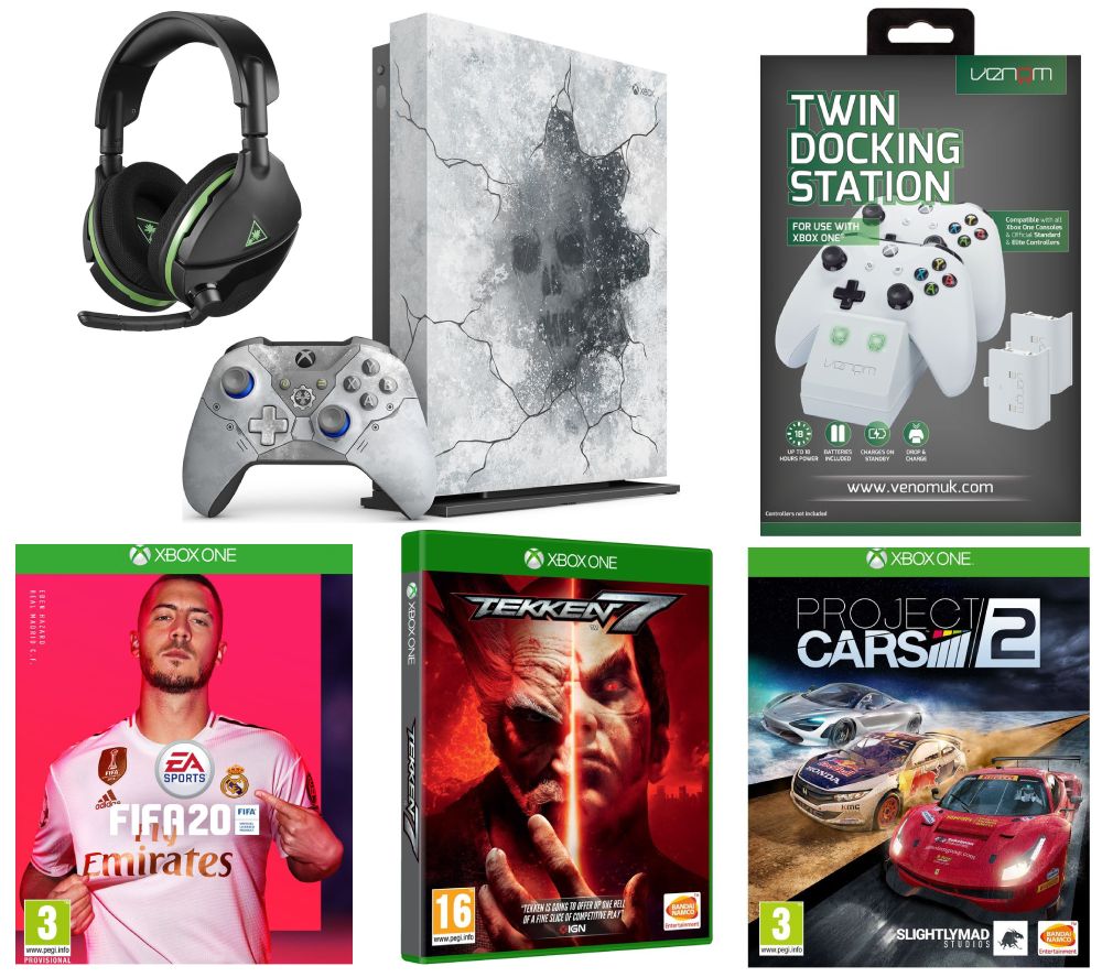 MICROSOFT Limited Edition Gears 5 Xbox One X, FIFA 20, Tekken 7, Project Cars 2, Twin Docking Station & Stealth 600 Headset Bundle, Crimson