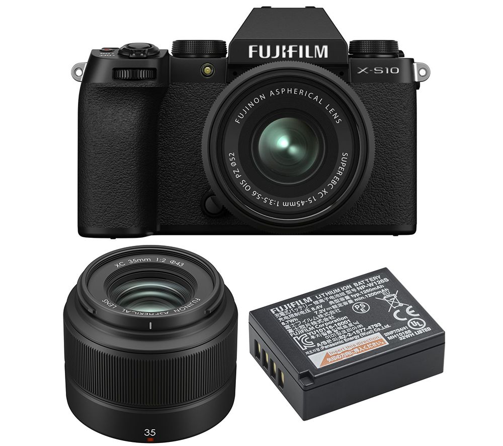 FUJIFILM X-S10 Mirrorless Camera with FUJINON XC 15-45 mm f/3.5-5.6 OIS PZ Lens, 35 mm f/2 Lens & Extra Battery Bundle
