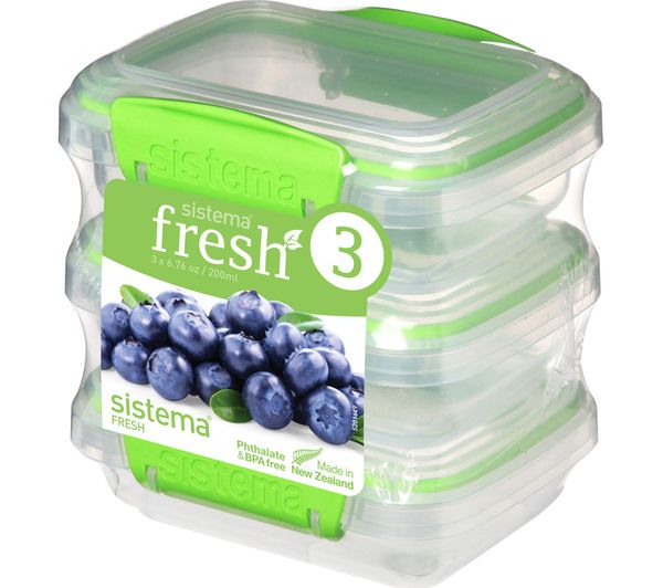 SISTEMA Fresh Rectangular 0.2 litre Containers - Green, Pack of 3, Green