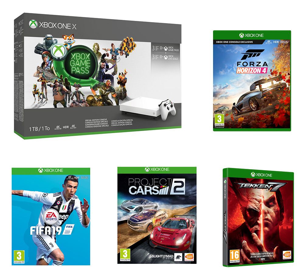 MICROSOFT Xbox One X, Game Pass, Live Gold Membership, Project Cars 2, Forza Horizon 4, Tekken 7 & FIFA 19 Bundle, Gold
