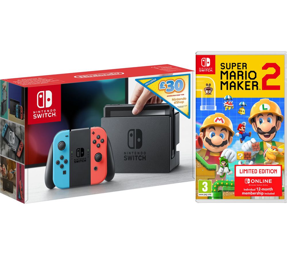 NINTENDO Switch Neon with £30 eShop Credit & Super Mario Maker 2 - Limited Edition, Neon