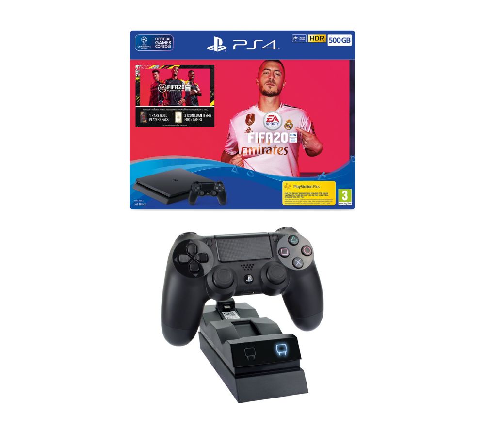 SONY Playstation 4 with FIFA 20 & Twin Docking Station Bundle - 500 GB