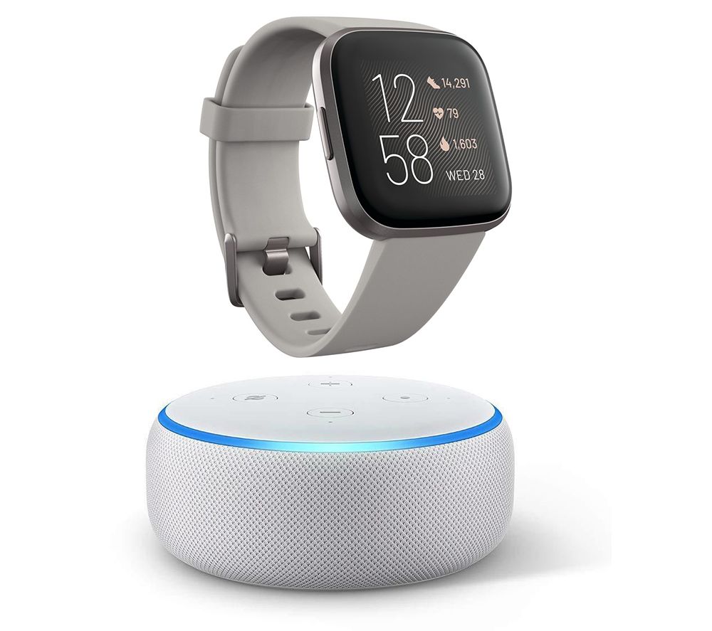 FITBIT Versa 2 with Amazon Alexa & Amazon Echo Dot (2018) Sandstone Bundle - Grey & Aluminium, Grey