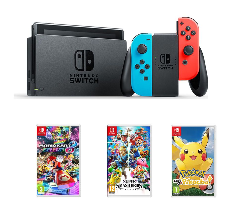 NINTENDO Switch, Mario Kart 8, Pokemon: Let's Go, Pikachu! & Super Smash Bros Bundle, Neon