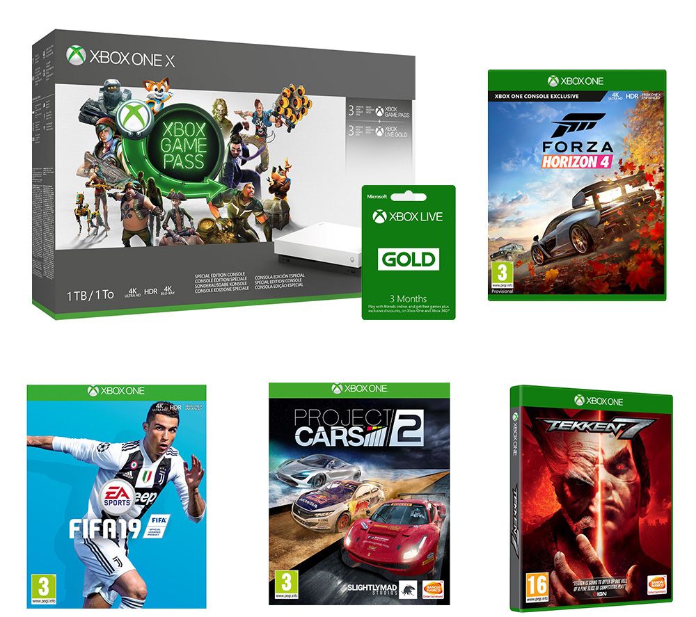 MICROSOFT Xbox One X, Game Pass, Live Gold Membership x 2, Project Cars 2, Forza Horizon 4, Tekken 7 & FIFA 19 Bundle, Gold
