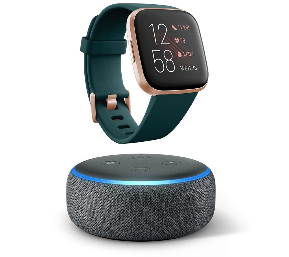 FITBIT Versa 2 with Amazon Alexa & Amazon Echo Dot (2018) Charcoal Bundle - Emerald & Copper Rose, Charcoal