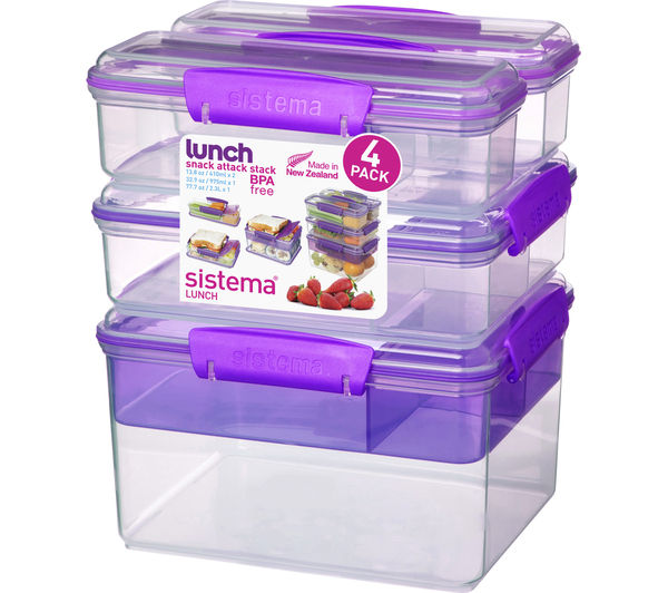 SISTEMA Snack Attack Stack Rectangular Boxes - Purple, Pack of 4, Purple