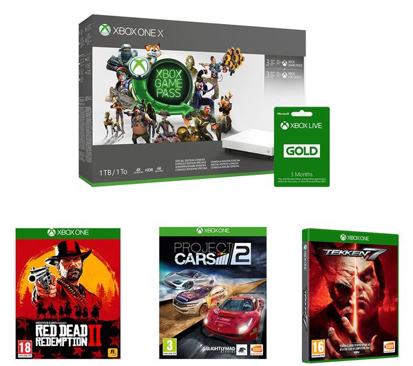 MICROSOFT Xbox One X, Game Pass, LIVE Gold Membership x 2, Red Dead Redemption 2, Tekken 7 & Project Cars 2 Bundle, Gold