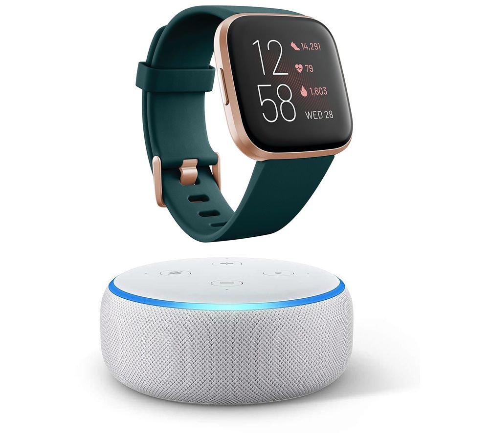 FITBIT Versa 2 with Amazon Alexa & Amazon Echo Dot (2018) Sandstone Bundle - Emerald & Copper Rose