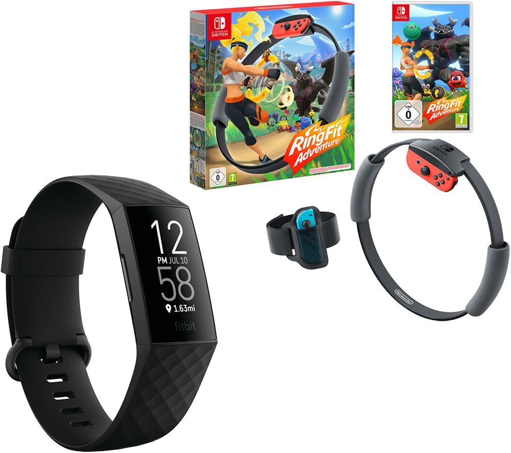 NINTENDO SWITCH Ring Fit Adventure & Fitbit Charge 4 Black Fitness Tracker Bundle, Black