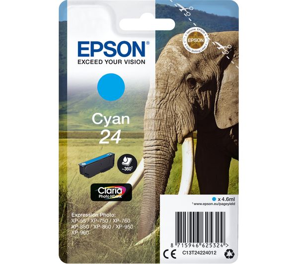 Epson 24 Elephant Cyan Ink Cartridge, Cyan