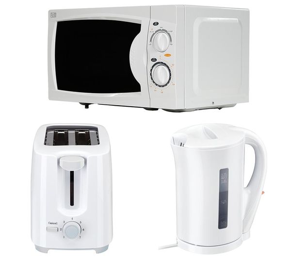 ESSENTIALS Solo Microwave, 2-Slice Toaster & Jug Kettle Bundle - White, White