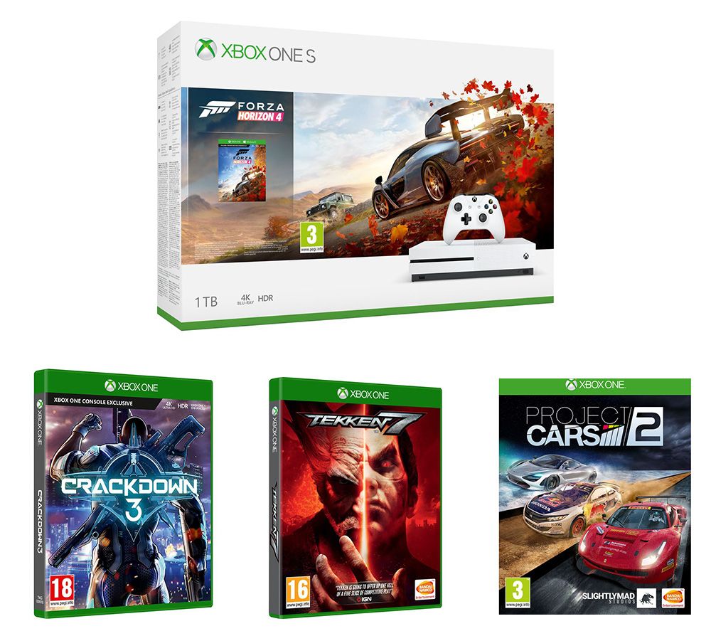 MICROSOFT Xbox One S, Forza Horizon 4, Crackdown 3, Tekken 7 & Project Cars 2 Bundle, Snow