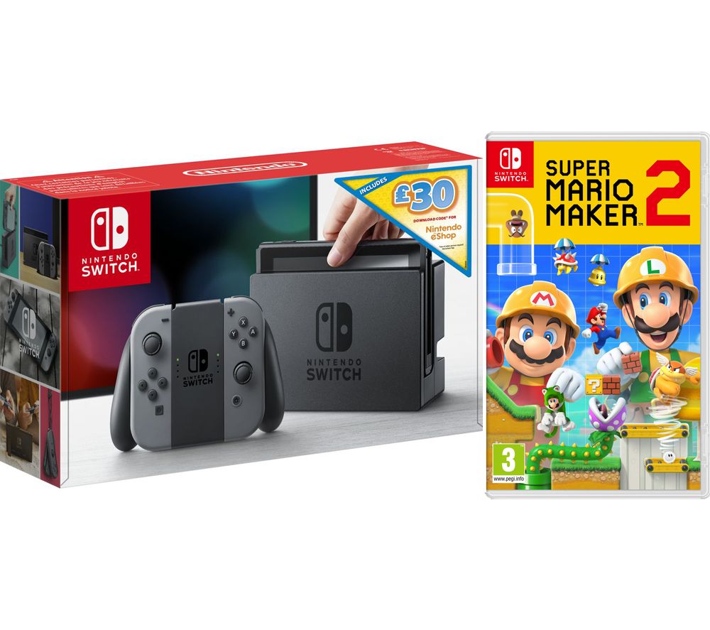 NINTENDO Switch Grey with £30 eShop Credit & Super Mario Maker 2, Grey