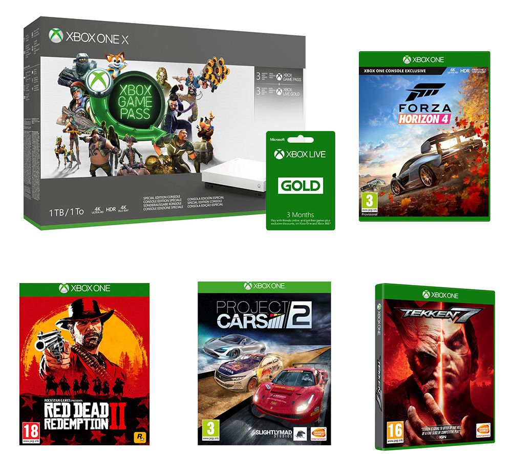 MICROSOFT Xbox One X, Game Pass, LIVE Gold Membership x 2, Project Cars 2, Forza Horizon 4, Tekken 7 & Red Dead Redemption 2 Bundle, Gold