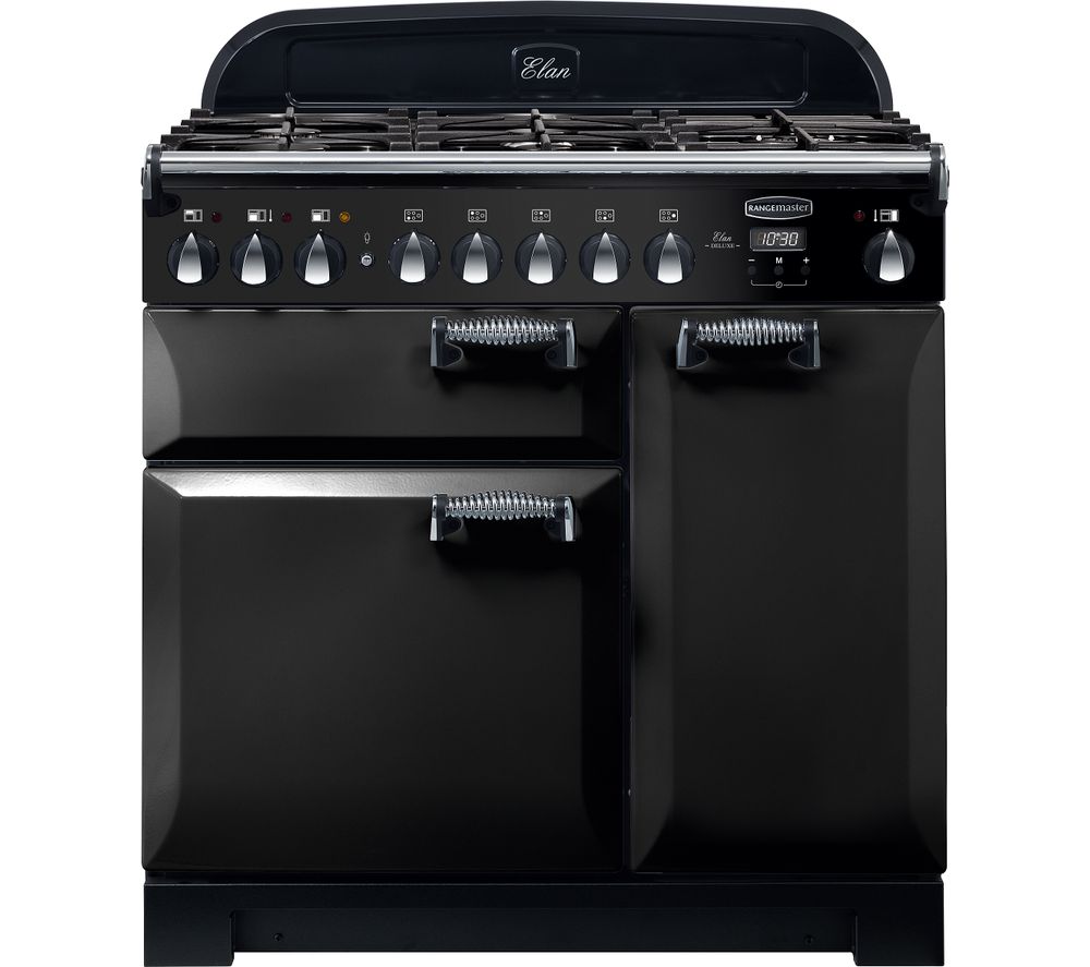 Rangemaster Elan Deluxe ELA90DFFBL 90 cm Dual Fuel Range Cooker - Black & Chrome, Black