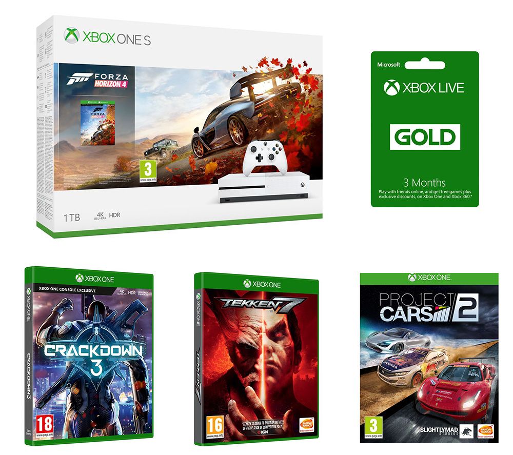 MICROSOFT Xbox One S, Forza Horizon 4, Crackdown 3, Tekken 7, Project Cars 2 & LIVE Gold Membership Bundle, Gold