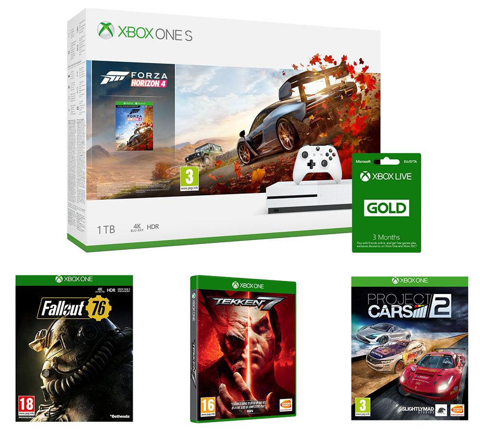 MICROSOFT Xbox One S, Forza Horizon 4, Project Cars 2, Tekken 7, Fallout 76, Apex Legends & LIVE Gold 3 Month Subscription Bundle, Gold