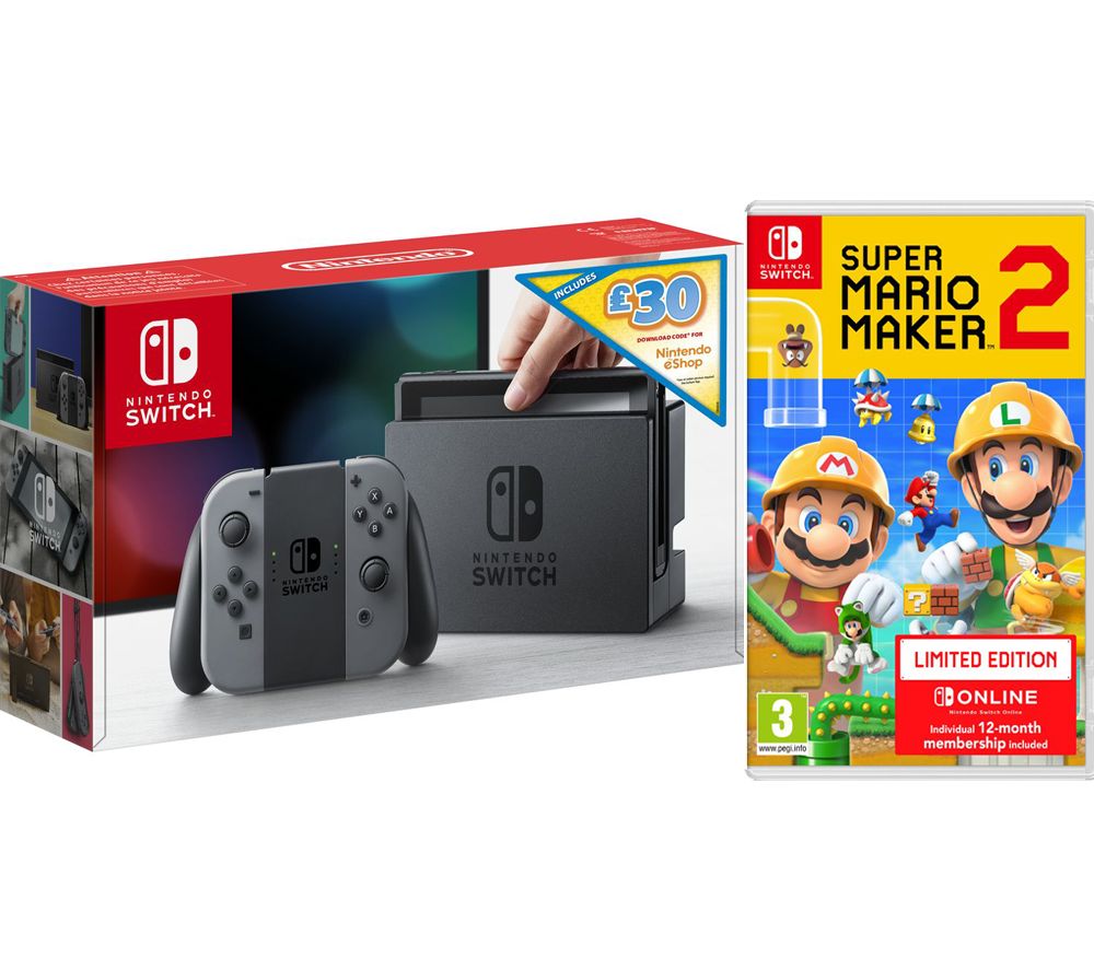 NINTENDO Switch Grey with £30 eShop Credit & Super Mario Maker 2 - Limited Edition, Grey