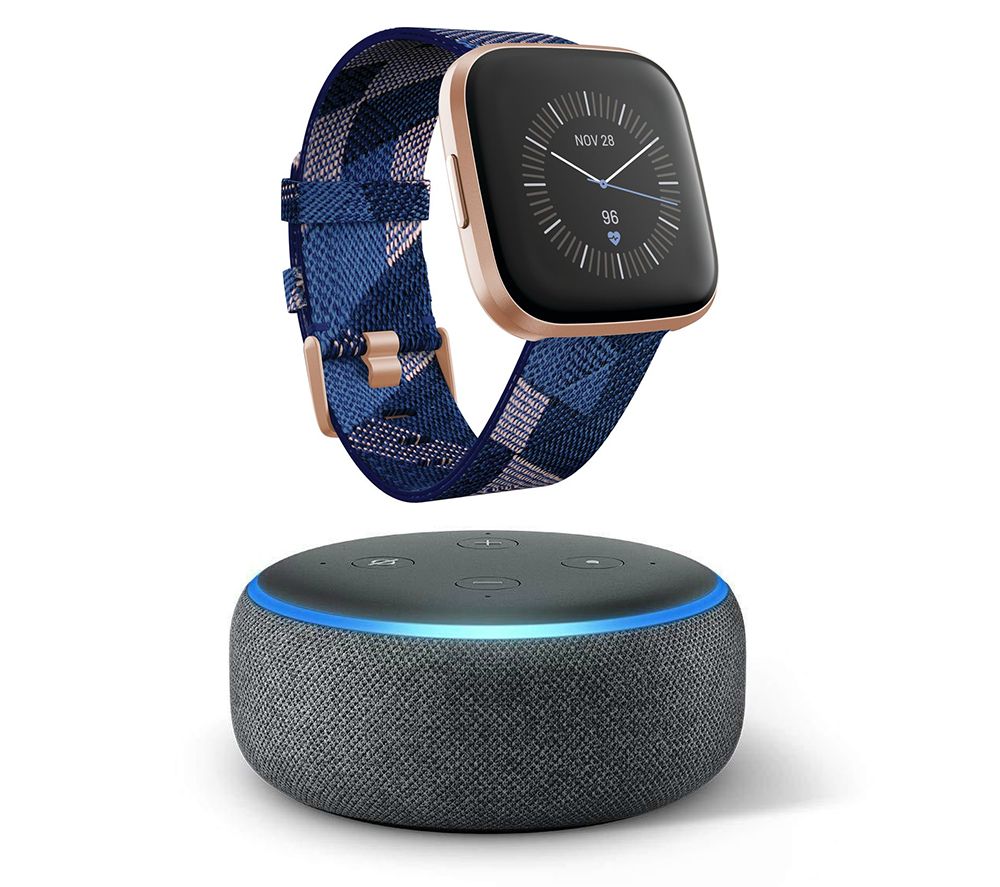 FITBIT Versa 2 Special Edition with Amazon Alexa & Echo Dot (2018) Charcoal Bundle - Woven Strap, Navy & Pink, Charcoal