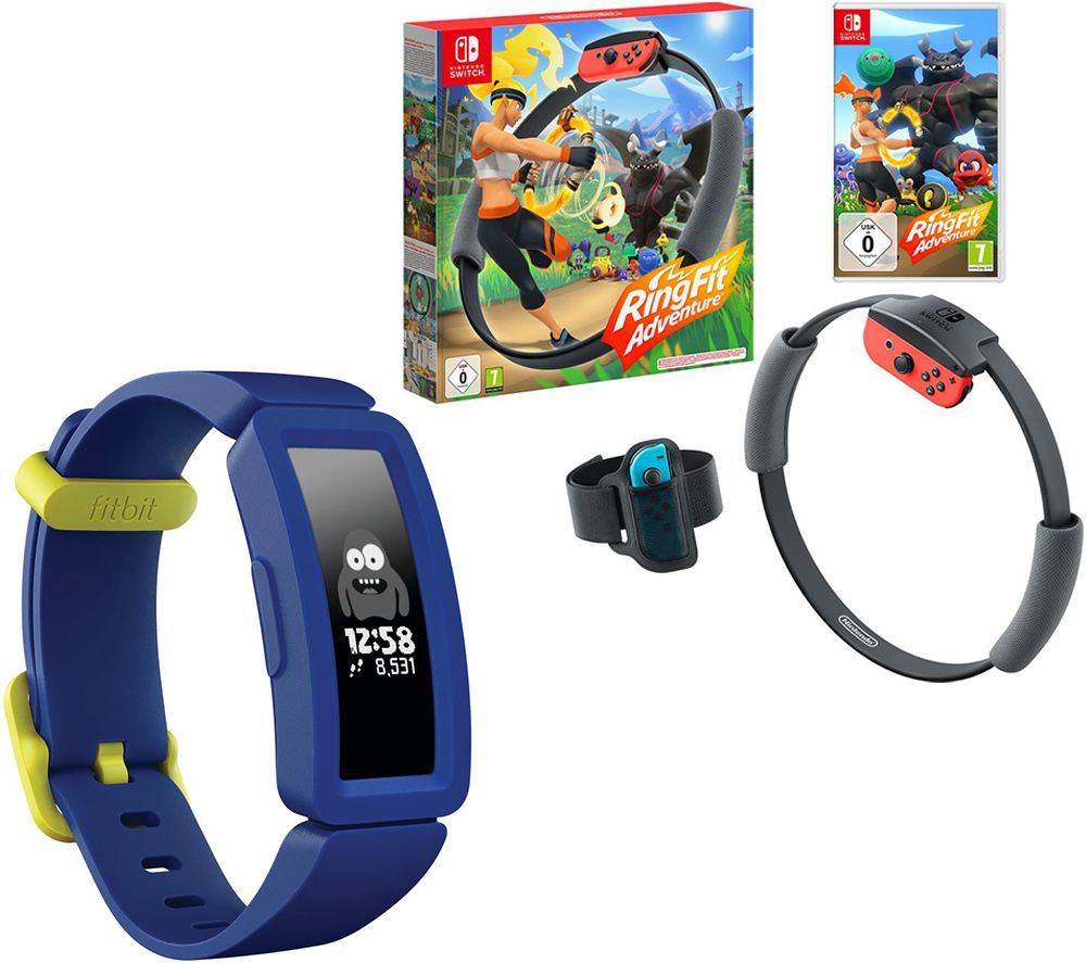 NINTENDO SWITCH Ring Fit Adventure & Fitbit Ace 2 Kid's Blue & Yellow Fitness Tracker Bundle, Blue