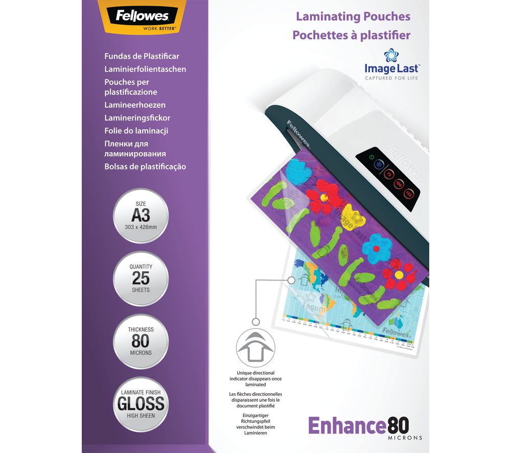 FELLOWES Enhance 80 Micron A3 Laminating Pouches - 25 Pack