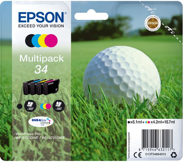 Epson 34 Golf Ball Cyan, Magenta, Yellow & Black Ink Cartridges - Multipack, Black,Yellow,Cyan,Magenta