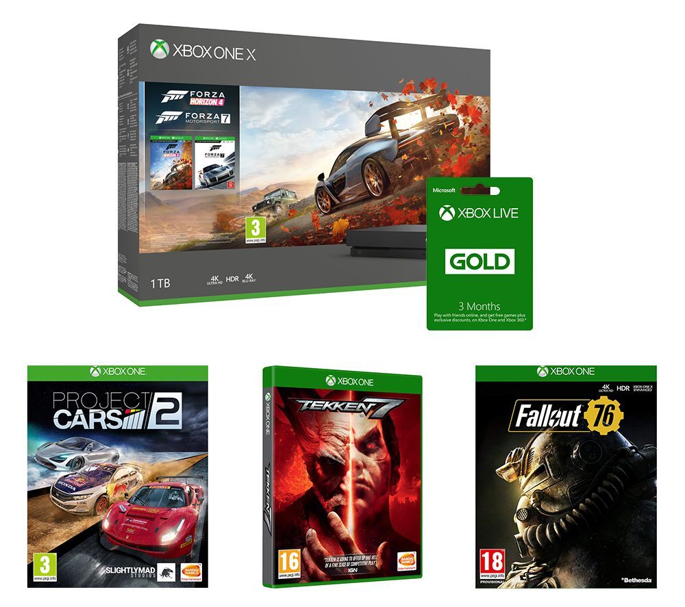 MICROSOFT Xbox One X with Forza Horizon 4, Forza Motorsport 7, Fallout 76, Tekken, Project Cars & LIVE Gold Bundle, Gold