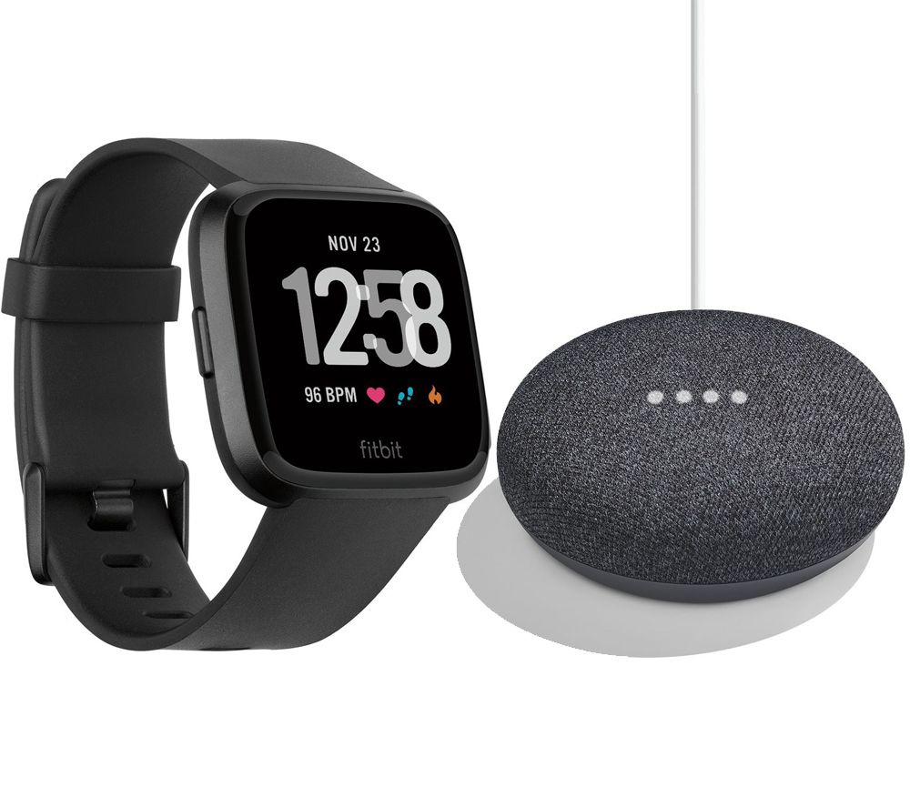 FITBIT Versa Black Aluminium & Google Home Mini Charcoal Bundle, Black