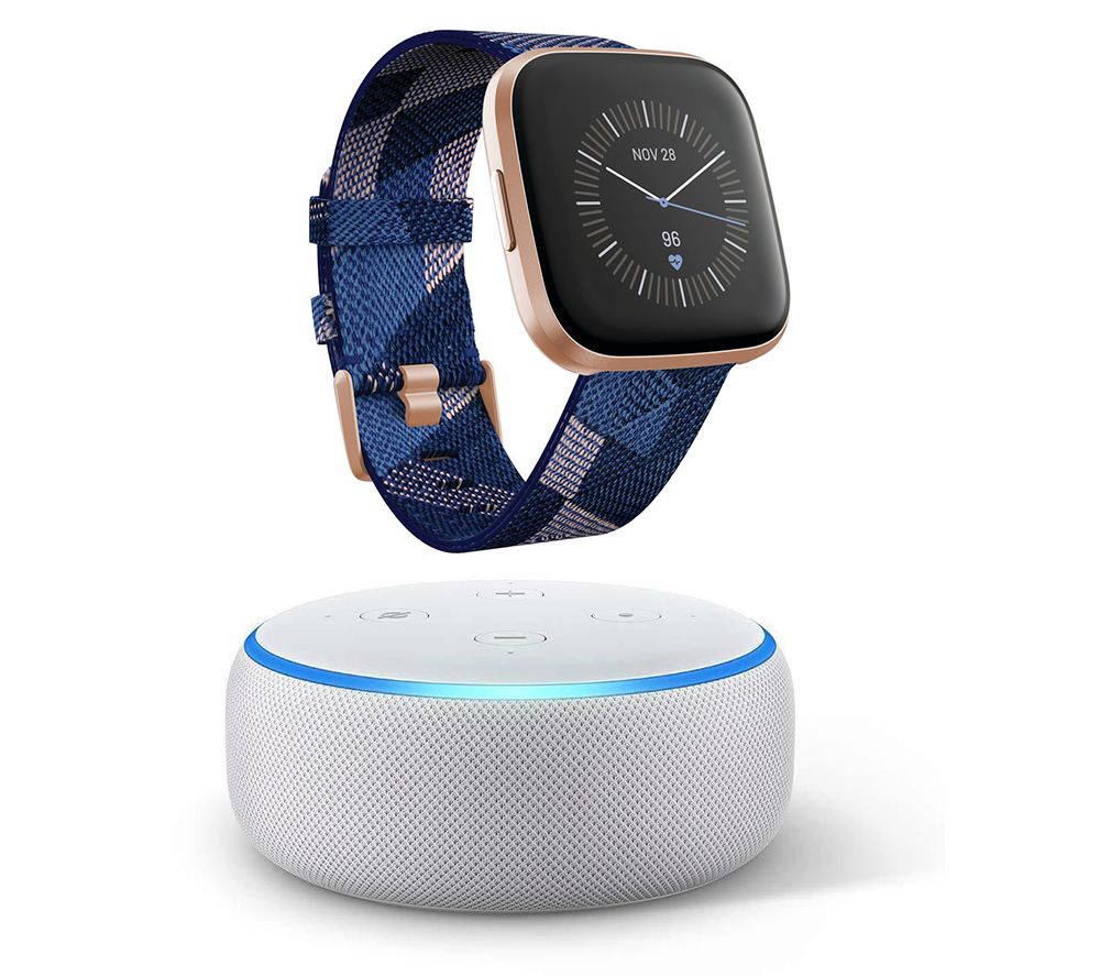 FITBIT Versa 2 Special Edition with Amazon Alexa & Echo Dot (2018) Sandstone Bundle - Woven Strap, Navy & Pink, Navy