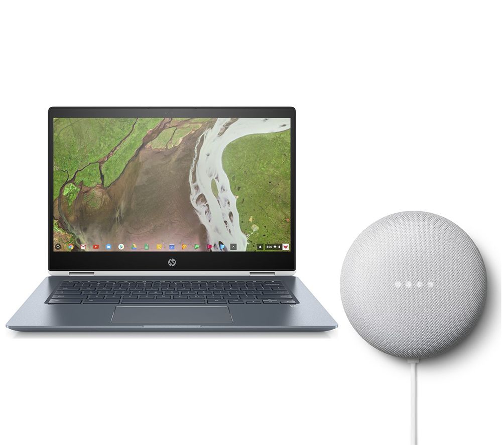 HP x360 14-da0501na 14" 2 in 1 Chromebook & Chalk Google Nest Mini (2nd Gen) Bundle, White