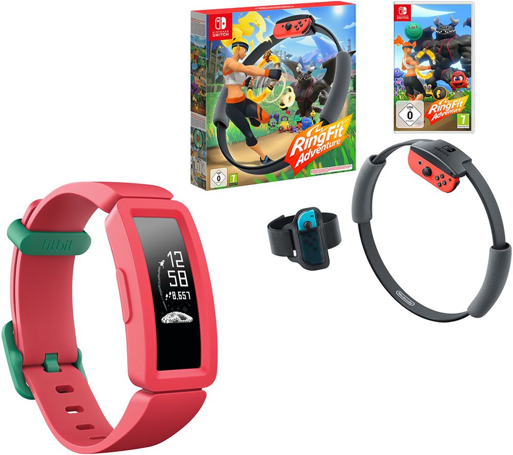 NINTENDO SWITCH Ring Fit Adventure & Fitbit Ace 2 Kid's Watermelon & Teal Fitness Tracker Bundle, Teal