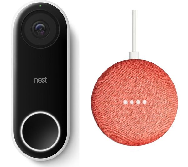 NEST Hello Video Doorbell & Google Home Mini Bundle - Coral, Coral