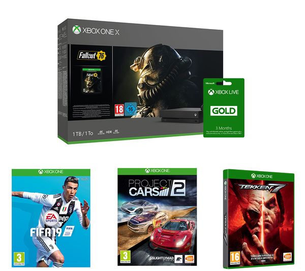MICROSOFT Xbox One X, LIVE Gold Membership, Fallout 76, Tekken 7, FIFA 19 & Project Cars 2 Bundle, Gold