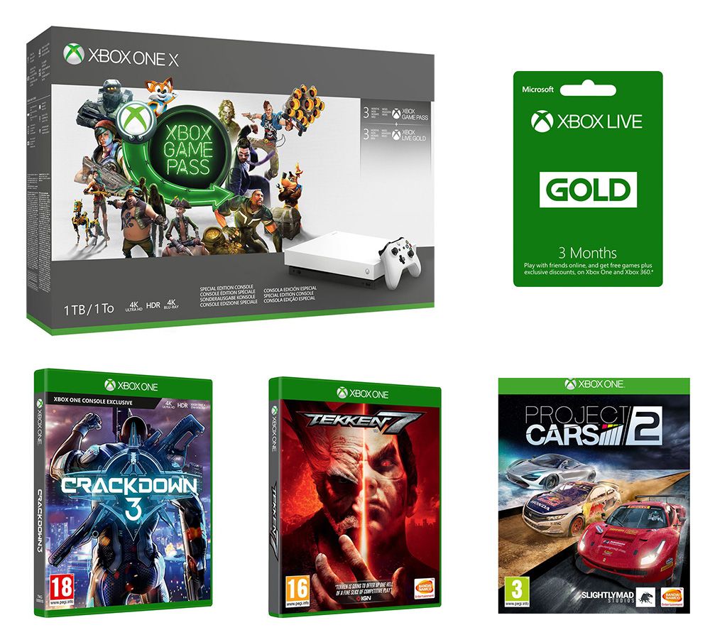 Xbox One X, 3 Month Game Pass, 6 Month LIVE Gold Membership, Tekken 7, Crackdown 3 & Project Cars 2 Bundle, Gold